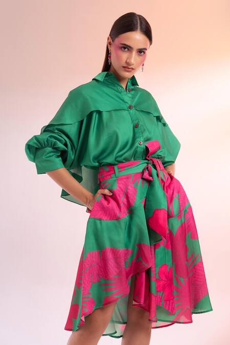Buy Gazab by Miku Kumar Green Silk Shawl Neck Midnight In Paris Draped Shirt With Printed Skirt Online at Aza Fashions Buy_Gazab by Miku Kumar_Green Silk Shawl Neck Midnight In Paris Draped Shirt With Printed Skirt _Online_at_Aza_Fashions