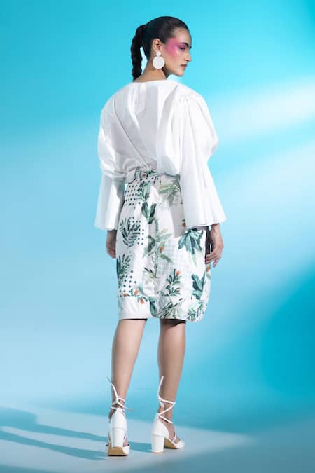 Shop Gazab by Miku Kumar White Linen, Cotton, Silk Boat Neck Parc De Bercy Paris Blouse With Skirt at Aza Fashions Shop_Gazab by Miku Kumar_White Linen, Cotton, Silk Boat Neck Parc De Bercy Paris Blouse With Skirt _at_Aza_Fashions