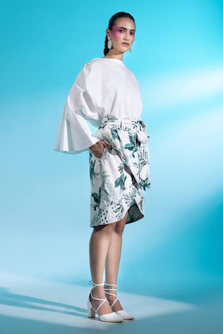 Gazab by Miku Kumar White Linen, Cotton, Silk Boat Neck Parc De Bercy Paris Blouse With Skirt at Aza Fashions Gazab by Miku Kumar_White Linen, Cotton, Silk Boat Neck Parc De Bercy Paris Blouse With Skirt _at_Aza_Fashions