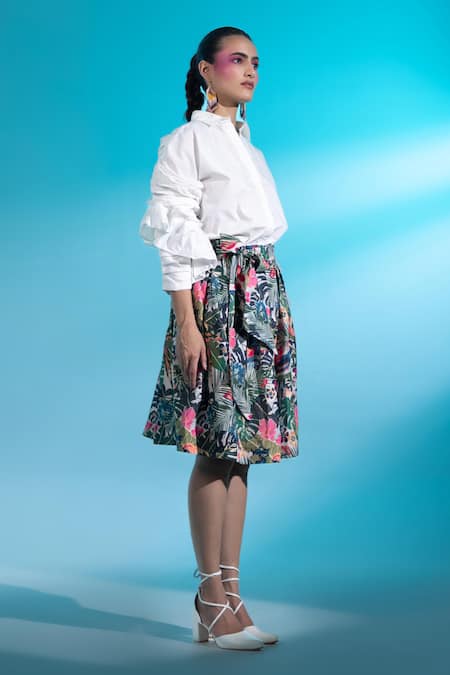 Shop Gazab by Miku Kumar White Linen, Cotton, Georgette Amour Paris Sleeve Shirt With Printed Skirt at Aza Fashions Shop_Gazab by Miku Kumar_White Linen, Cotton, Georgette Amour Paris Sleeve Shirt With Printed Skirt _at_Aza_Fashions