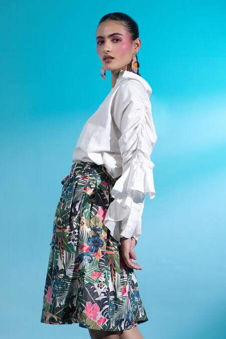 Gazab by Miku Kumar White Linen, Cotton, Georgette Amour Paris Sleeve Shirt With Printed Skirt Online at Aza Fashions Gazab by Miku Kumar_White Linen, Cotton, Georgette Amour Paris Sleeve Shirt With Printed Skirt _Online_at_Aza_Fashions