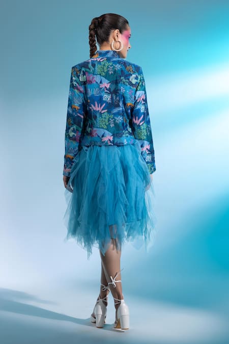Shop Gazab by Miku Kumar Blue Chanderi Silk, Tulle Poetic Pantheon Paris Printed Jacket With Ruffle Skirt at Aza Fashions Shop_Gazab by Miku Kumar_Blue Chanderi Silk, Tulle Poetic Pantheon Paris Printed Jacket With Ruffle Skirt _at_Aza_Fashions