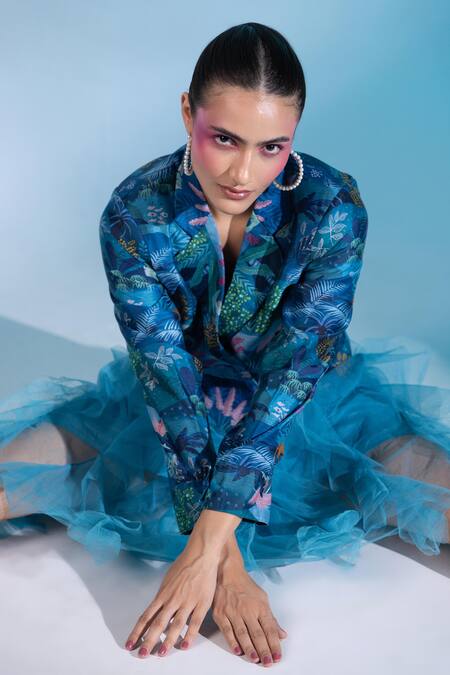 Gazab by Miku Kumar Blue Chanderi Silk, Tulle Poetic Pantheon Paris Printed Jacket With Ruffle Skirt Online at Aza Fashions Gazab by Miku Kumar_Blue Chanderi Silk, Tulle Poetic Pantheon Paris Printed Jacket With Ruffle Skirt _Online_at_Aza_Fashions