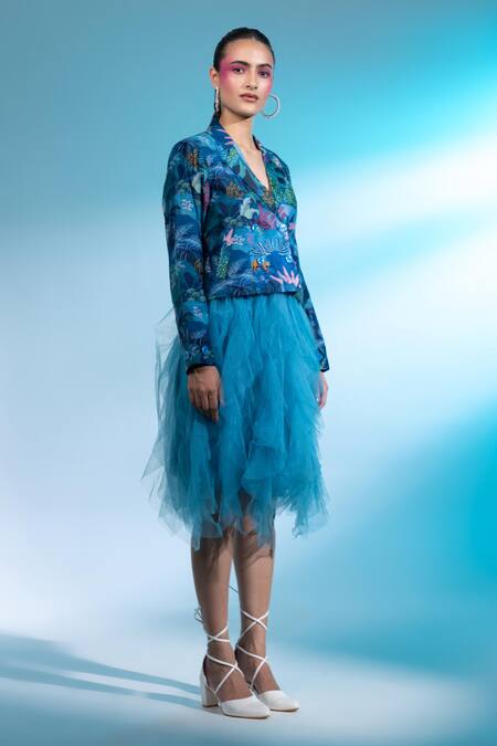 Buy Gazab by Miku Kumar Blue Chanderi Silk, Tulle Poetic Pantheon Paris Printed Jacket With Ruffle Skirt Online at Aza Fashions Buy_Gazab by Miku Kumar_Blue Chanderi Silk, Tulle Poetic Pantheon Paris Printed Jacket With Ruffle Skirt _Online_at_Aza_Fashions