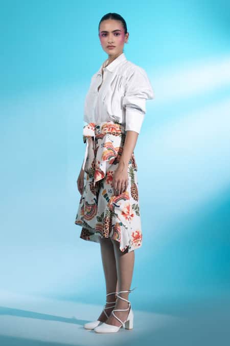 Gazab by Miku Kumar_White Cotton, Linen Moulin Rouge Romance Paris Solid Shirt With Draped Skirt _Online_at_Aza_Fashions