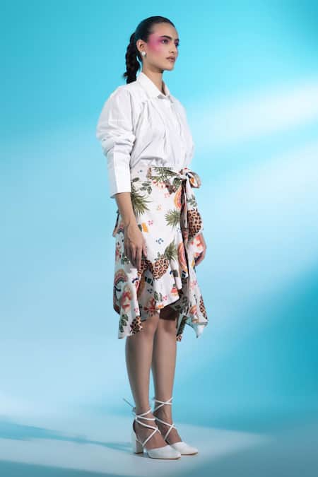 Buy_Gazab by Miku Kumar_White Cotton, Linen Moulin Rouge Romance Paris Solid Shirt With Draped Skirt _Online_at_Aza_Fashions