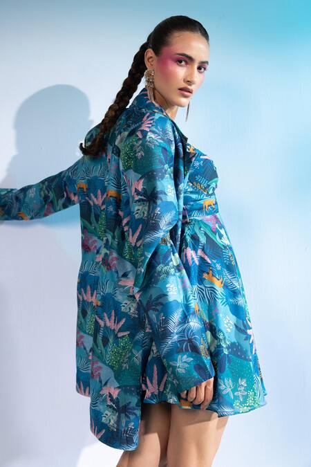 Buy_Gazab by Miku Kumar_Blue Georgette, Chanderi Silk Sweetheart La Villette Paris Jacket With Dress _Online_at_Aza_Fashions