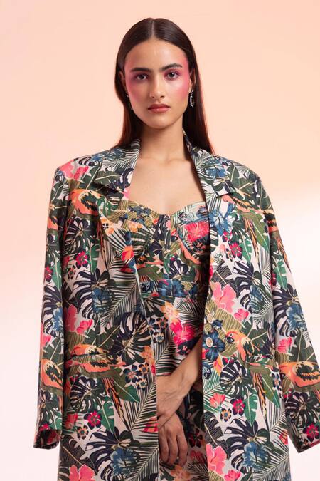 Gazab by Miku Kumar Multi Color Linen Sweetheart Neck Parc Floral Paris Printed Jacket With Dress Online at Aza Fashions Gazab by Miku Kumar_Multi Color Linen Sweetheart Neck Parc Floral Paris Printed Jacket With Dress _Online_at_Aza_Fashions