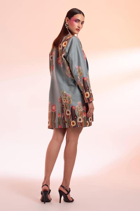 Shop Gazab by Miku Kumar Blue Floral Cactus Printed Dress And Jacket Set at Aza Fashions Shop_Gazab by Miku Kumar_Blue Floral Cactus Printed Dress And Jacket Set _at_Aza_Fashions