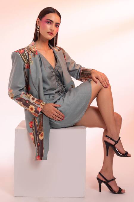 Gazab by Miku Kumar Blue Floral Cactus Printed Dress And Jacket Set Online at Aza Fashions Gazab by Miku Kumar_Blue Floral Cactus Printed Dress And Jacket Set _Online_at_Aza_Fashions