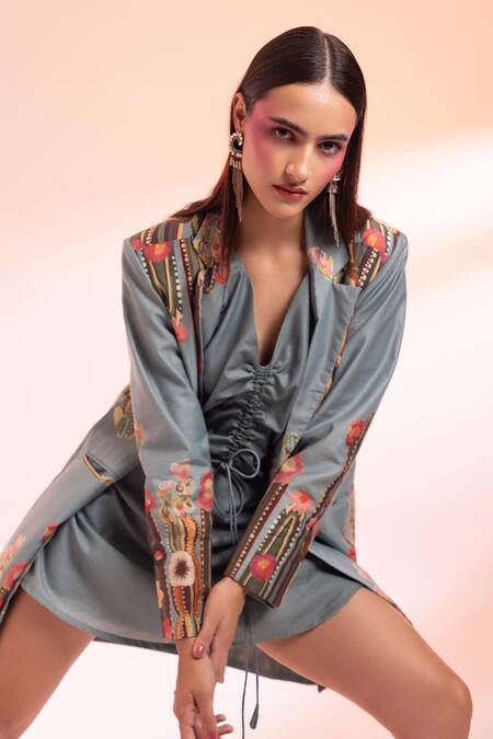Shop Gazab by Miku Kumar Blue Floral Cactus Printed Dress And Jacket Set Online at Aza Fashions Shop_Gazab by Miku Kumar_Blue Floral Cactus Printed Dress And Jacket Set _Online_at_Aza_Fashions