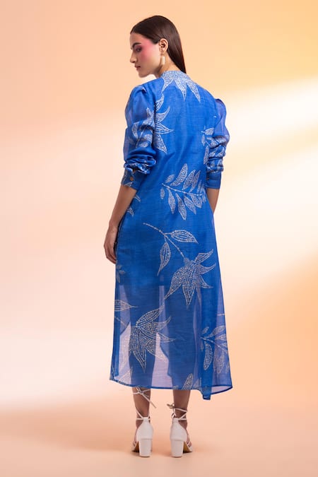 Shop Gazab by Miku Kumar Blue Kota Doria Embroidery Collared Patron Saint Printed High-low Dress at Aza Fashions Shop_Gazab by Miku Kumar_Blue Kota Doria Embroidery Collared Patron Saint Printed High-low Dress _at_Aza_Fashions