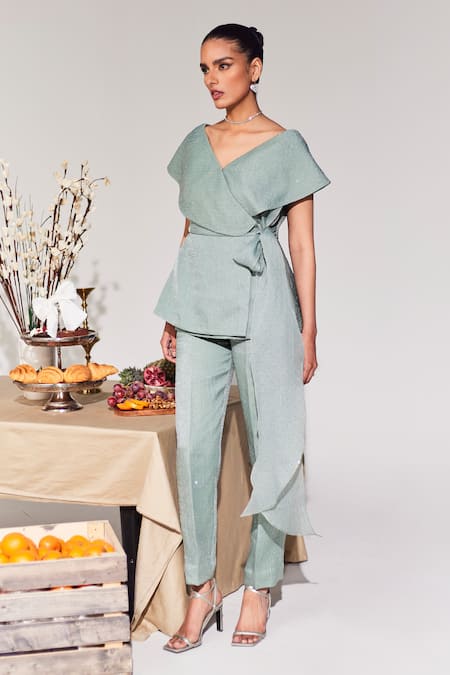 House of Zeniaa High Tea Overlap Top & Pant Co-ord Set 