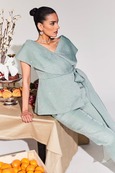 Buy House Of Zeniaa Green Crepe, Organza V-neck High Tea Overlap Top And Pant Co-ord Set Online at Aza Fashions Buy_House Of Zeniaa_Green Crepe, Organza V-neck High Tea Overlap Top And Pant Co-ord Set_Online_at_Aza_Fashions
