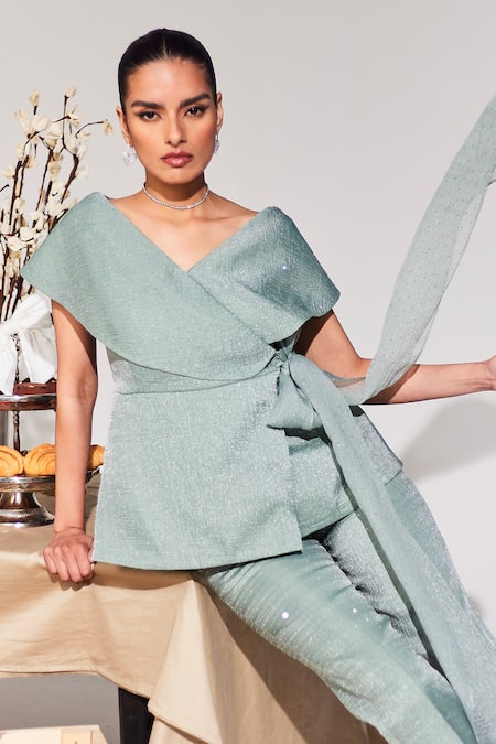 Shop House Of Zeniaa Green Crepe, Organza V-neck High Tea Overlap Top And Pant Co-ord Set Online at Aza Fashions Shop_House Of Zeniaa_Green Crepe, Organza V-neck High Tea Overlap Top And Pant Co-ord Set_Online_at_Aza_Fashions