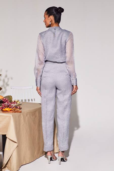 Shop House Of Zeniaa Grey Sequins Round Neck Modish Crinkled Cotton Panelled Top at Aza Fashions Shop_House Of Zeniaa_Grey Sequins Round Neck Modish Crinkled Cotton Panelled Top_at_Aza_Fashions