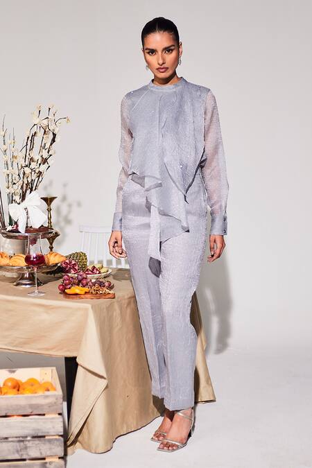 House Of Zeniaa Grey Sequins Round Neck Modish Crinkled Cotton Panelled Top Online at Aza Fashions House Of Zeniaa_Grey Sequins Round Neck Modish Crinkled Cotton Panelled Top_Online_at_Aza_Fashions