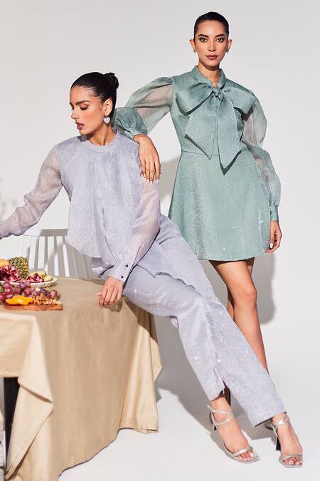 Shop House Of Zeniaa Grey Sequins Round Neck Modish Crinkled Cotton Panelled Top Online at Aza Fashions Shop_House Of Zeniaa_Grey Sequins Round Neck Modish Crinkled Cotton Panelled Top_Online_at_Aza_Fashions