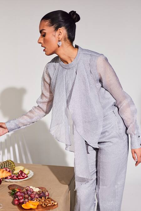 Buy_House Of Zeniaa_Grey Organza Sequins Round Modish Crinkled Cotton Panelled Top And Pant Co-ord Set_Online_at_Aza_Fashions