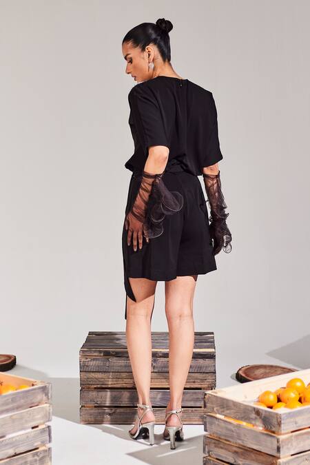 Shop House Of Zeniaa Black Crepe Embroidery Round Neck Heliey Cutout Romper at Aza Fashions Shop_House Of Zeniaa_Black Crepe Embroidery Round Neck Heliey Cutout Romper_at_Aza_Fashions