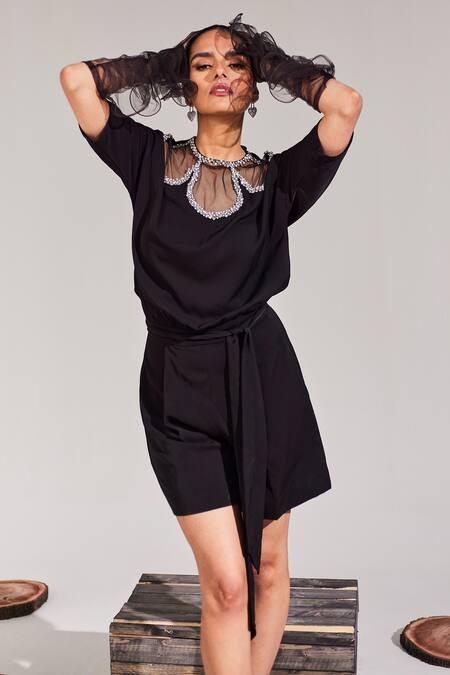 Buy House Of Zeniaa Black Crepe Embroidery Round Neck Heliey Cutout Romper Online at Aza Fashions Buy_House Of Zeniaa_Black Crepe Embroidery Round Neck Heliey Cutout Romper_Online_at_Aza_Fashions