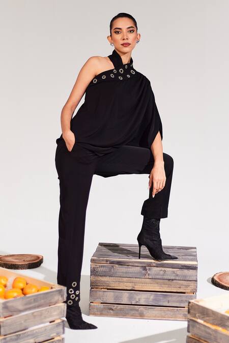Buy_House Of Zeniaa_Black Crepe One Shoulder Vera Embellished Top_Online_at_Aza_Fashions