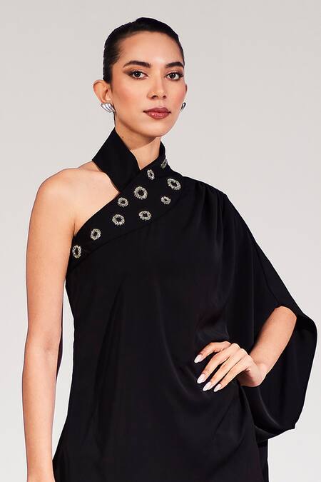 House Of Zeniaa_Black Crepe One Shoulder Vera Embellished Top_at_Aza_Fashions