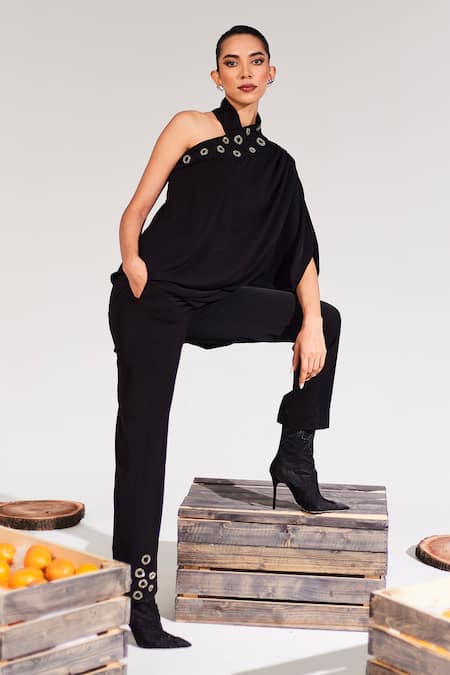 House Of Zeniaa_Black Crepe Embroidery One Shoulder Vera Embellished Top And Pant Set_Online_at_Aza_Fashions