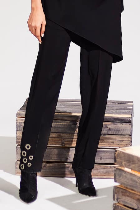 Shop_House Of Zeniaa_Black Crepe Embroidery One Shoulder Vera Embellished Top And Pant Set_Online_at_Aza_Fashions