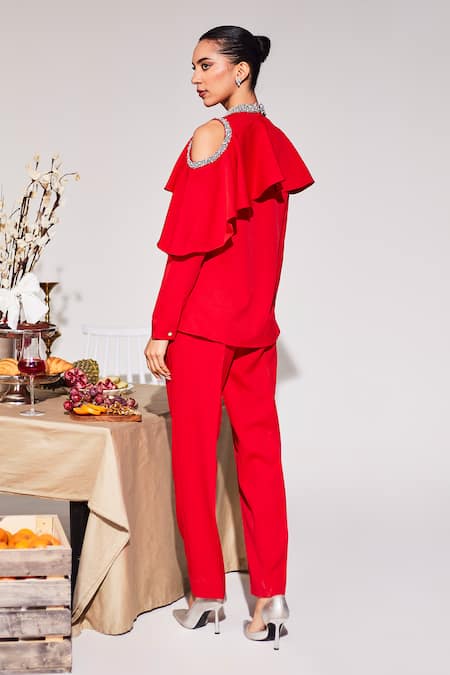 Shop House Of Zeniaa Red Crepe Embroidery High Neck Glam Cold-shoulder Pearl Embellished Top at Aza Fashions Shop_House Of Zeniaa_Red Crepe Embroidery High Neck Glam Cold-shoulder Pearl Embellished Top_at_Aza_Fashions