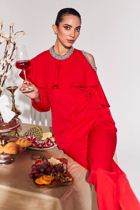 House Of Zeniaa Red Crepe Embroidery High Neck Glam Cold-shoulder Pearl Embellished Top Online at Aza Fashions House Of Zeniaa_Red Crepe Embroidery High Neck Glam Cold-shoulder Pearl Embellished Top_Online_at_Aza_Fashions