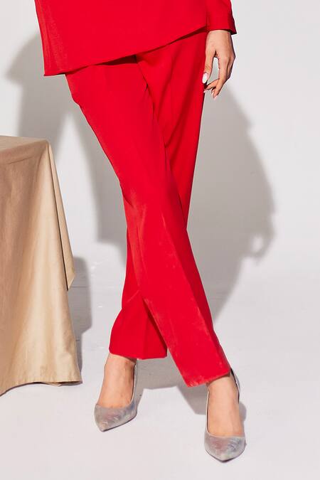 House Of Zeniaa_Red Crepe Pearls High Neck Glam Cold-shoulder Embellished Top And Pant Set_Online_at_Aza_Fashions