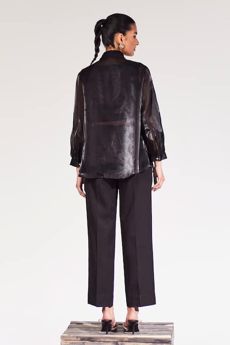 Shop House Of Zeniaa Black Organza Collared Midnight Sheer Rivet Detail Shirt at Aza Fashions Shop_House Of Zeniaa_Black Organza Collared Midnight Sheer Rivet Detail Shirt_at_Aza_Fashions