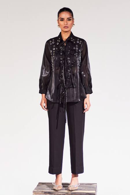 House Of Zeniaa Black Organza Collared Midnight Sheer Rivet Detail Shirt Online at Aza Fashions House Of Zeniaa_Black Organza Collared Midnight Sheer Rivet Detail Shirt_Online_at_Aza_Fashions