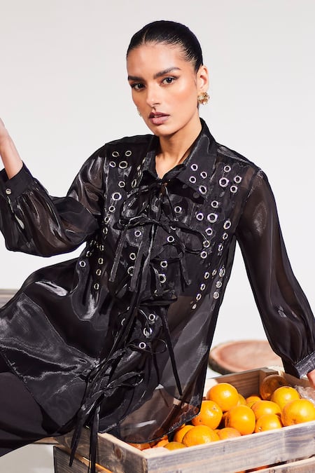 Buy House Of Zeniaa Black Organza Collared Midnight Sheer Rivet Detail Shirt Online at Aza Fashions Buy_House Of Zeniaa_Black Organza Collared Midnight Sheer Rivet Detail Shirt_Online_at_Aza_Fashions