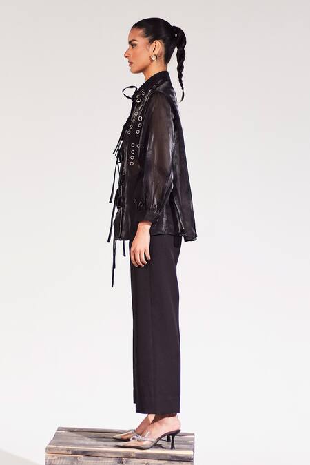 Shop House Of Zeniaa Black Organza Collared Midnight Sheer Rivet Detail Shirt Online at Aza Fashions Shop_House Of Zeniaa_Black Organza Collared Midnight Sheer Rivet Detail Shirt_Online_at_Aza_Fashions