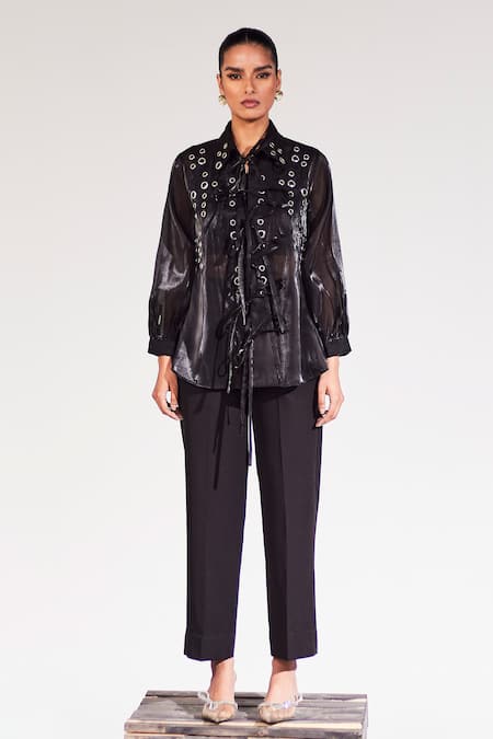 House of Zeniaa Black Organza Collared Midnight Sheer Rivet Detail Shirt And Pant Set 