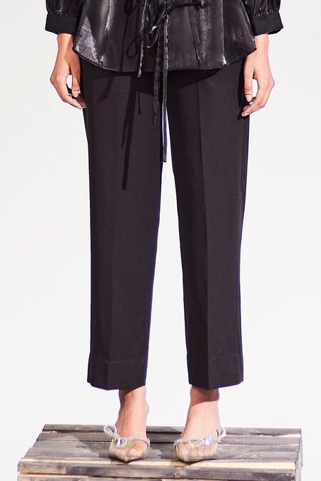 House Of Zeniaa_Black Organza, Polyester Collared Midnight Sheer Rivet Detail Shirt And Pant Set_Online_at_Aza_Fashions