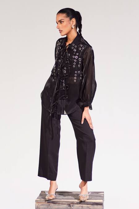 Buy_House Of Zeniaa_Black Organza, Polyester Collared Midnight Sheer Rivet Detail Shirt And Pant Set_Online_at_Aza_Fashions