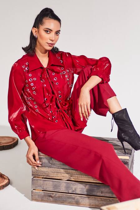House Of Zeniaa_Maroon Organza Collared Cherry Sheer Shirt_Online_at_Aza_Fashions