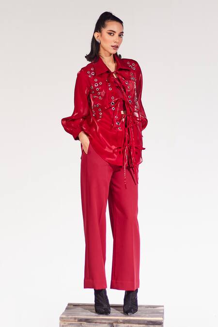 Shop_House Of Zeniaa_Maroon Organza Collared Cherry Sheer Shirt_Online_at_Aza_Fashions