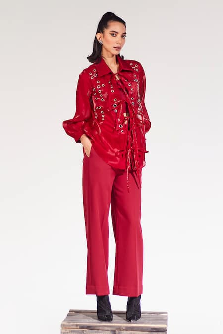 House of Zeniaa Maroon Organza Collared Cherry Sheer Shirt And Pant Set 