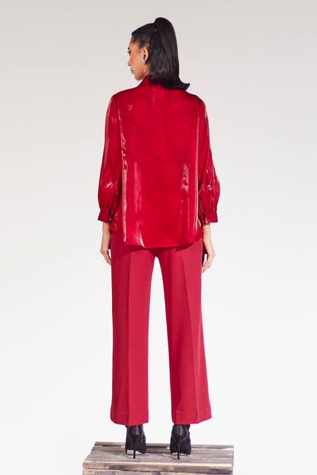 Shop House Of Zeniaa Maroon Organza Collared Cherry Sheer Shirt And Pant Set at Aza Fashions Shop_House Of Zeniaa_Maroon Organza Collared Cherry Sheer Shirt And Pant Set_at_Aza_Fashions