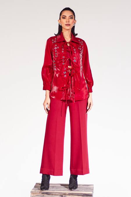 Buy House Of Zeniaa Maroon Organza Collared Cherry Sheer Shirt And Pant Set Online at Aza Fashions Buy_House Of Zeniaa_Maroon Organza Collared Cherry Sheer Shirt And Pant Set_Online_at_Aza_Fashions