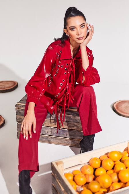 House Of Zeniaa Maroon Organza Collared Cherry Sheer Shirt And Pant Set at Aza Fashions House Of Zeniaa_Maroon Organza Collared Cherry Sheer Shirt And Pant Set_at_Aza_Fashions