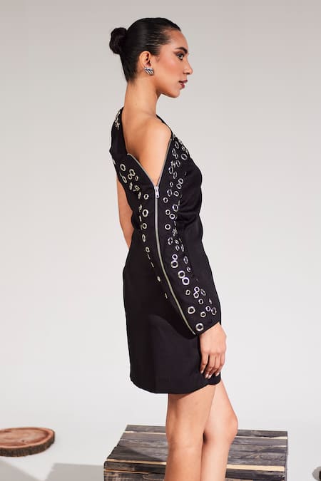 Buy_House Of Zeniaa_Black Crepe One Shoulder Ms Paulas Dress_Online_at_Aza_Fashions