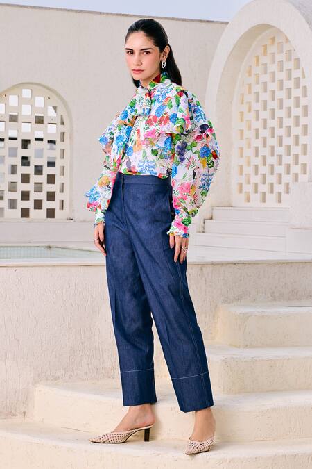 House Of Zeniaa_White Organza, Denim Open Neck Bloom Print Top With Pant_Online_at_Aza_Fashions