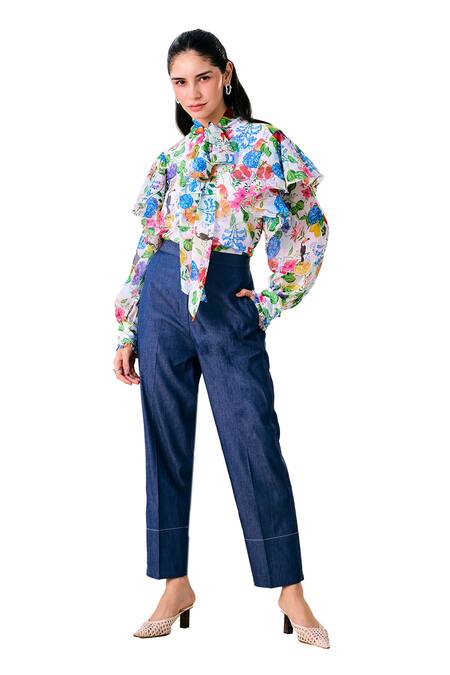 Buy_House Of Zeniaa_White Organza, Denim Open Neck Bloom Print Top With Pant_Online_at_Aza_Fashions