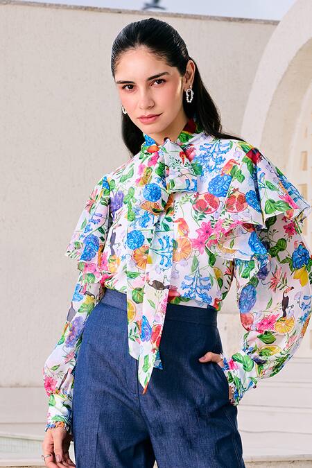 Shop_House Of Zeniaa_White Organza, Denim Open Neck Bloom Print Top With Pant_Online_at_Aza_Fashions