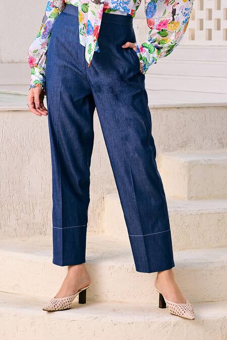 House Of Zeniaa_White Organza, Denim Open Neck Bloom Print Top With Pant_at_Aza_Fashions